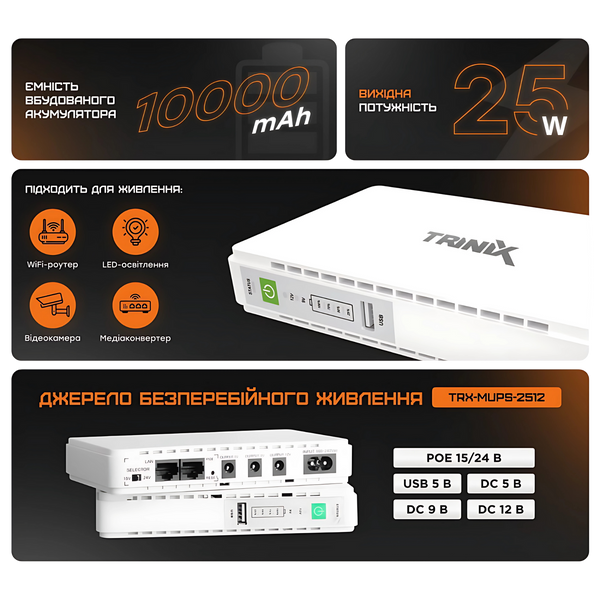 Источник бесперебойного питания DC UPS Trinix TRX-MUPS-2512 (10000mAh) 5V/9V/12V/15V/24V/PoE, Li-ion 4*2.5Ah, для роутера и медиаконвертера 42-00148 фото