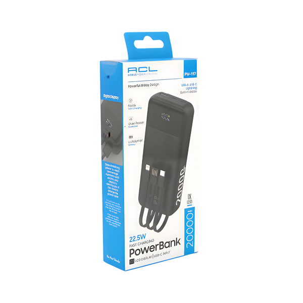 Повербанк ACL PW-117 20000mAh, PD22.5W, 1xUSB+2xUSB-C, 3 кабелі pwb1-31 фото