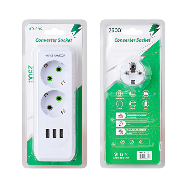 Розетка тройник с заземлением F102-White, 2 розетки+3USB(1А), 2500W, 10A, 110-250V~Max, Blister dmf1-12 фото