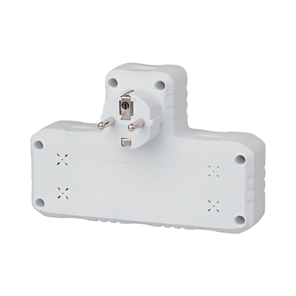 Розетка тройник Т-образный с заземлением F302-White, 2 розетки+3USB(1А), 2500W, 10A, 110-250V~Max, Blister dmf1-18 фото