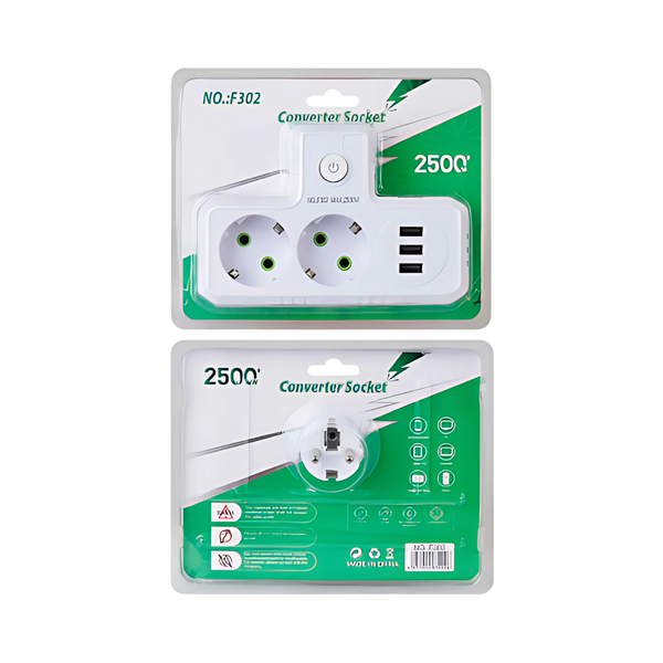 Розетка тройник Т-образный с заземлением F302-White, 2 розетки+3USB(1А), 2500W, 10A, 110-250V~Max, Blister dmf1-18 фото