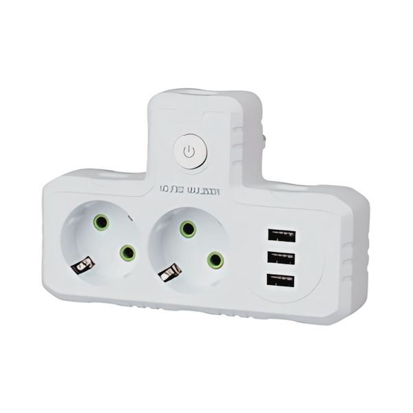 Розетка тройник Т-образный с заземлением F302-White, 2 розетки+3USB(1А), 2500W, 10A, 110-250V~Max, Blister dmf1-18 фото