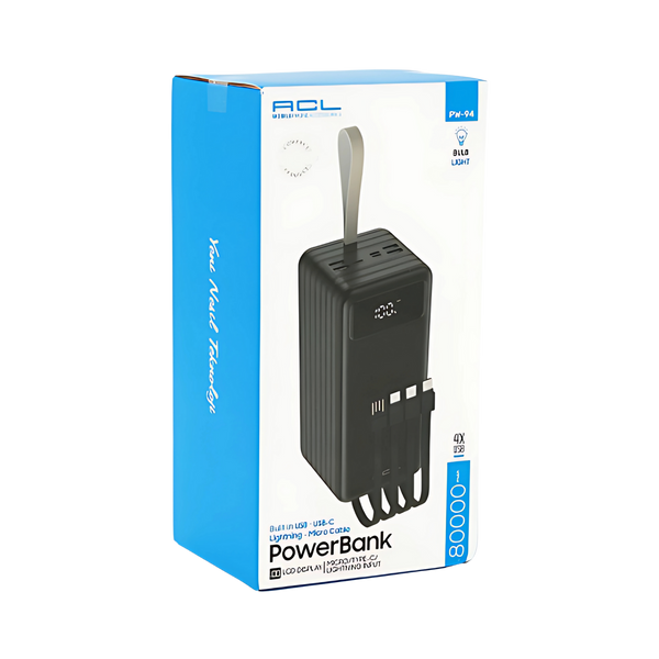 Powerbank ACL PW-94 80000mAh, 4xUSB, 4 кабелі (USB/Micro/Type-C/Lighting), 1,4 кг, Black, Box pwb1-6 фото